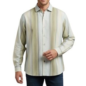 Tommy Bahama Men’s Sz L Cotton Contrast Vertical Striped Floral Button Up Shirt